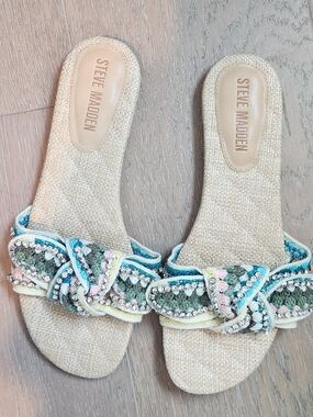Steve Madden Misha Turquoise Multi Crochet Sandals with Rhinestone Accents